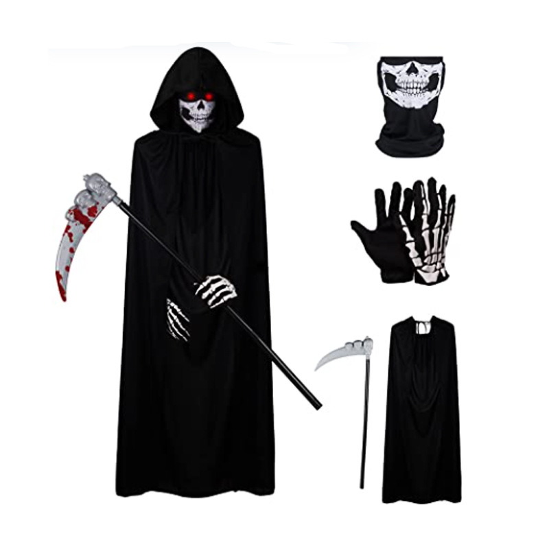 Grim Reaper Death Black Robe Cape Cloak Adult Role-Play Costume for Halloween Party Devil Cape Costume Prop Set