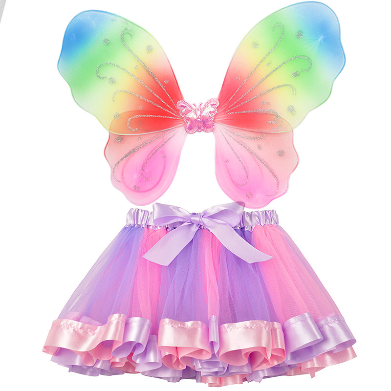 Children's Halloween Anime Costumes Rainbow Wings Tutu Mesh Dress Set with Butterfly Angel Wings for Girls