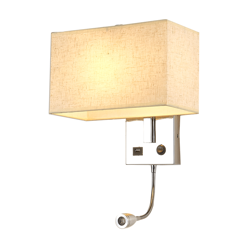 Bedside Wall Mount Light with USB LED Reading Swing Arm Fabric Shade Wall Sconce Hardwired Wall Lamp for Bedroom Hotel