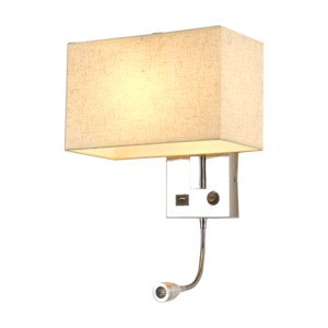 Bedside Wall Mount Light with USB LED Reading Swing Arm Fabric Shade Wall Sconce Hardwired Wall Lamp for Bedroom Hotel