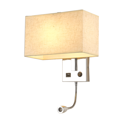 Bedside Wall Mount Light with USB LED Reading Swing Arm Fabric Shade Wall Sconce Hardwired Wall Lamp for Bedroom Hotel