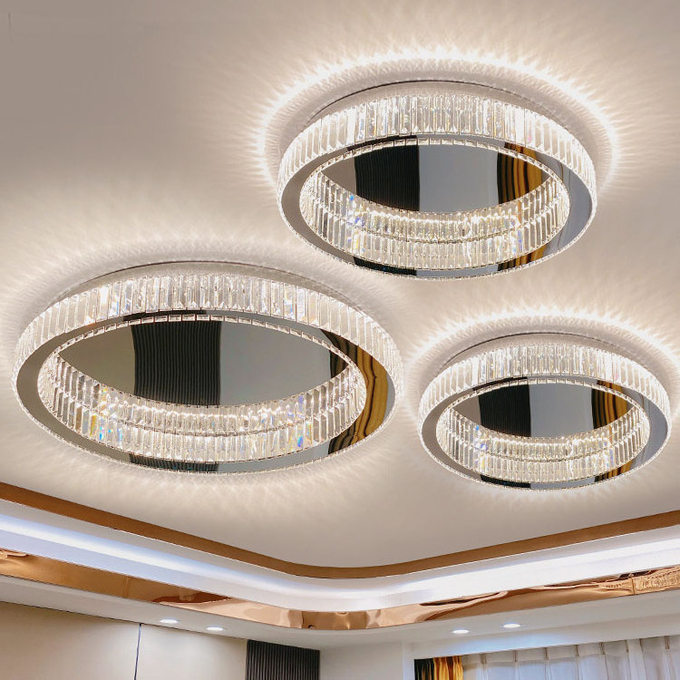 Popular Hot Sale LED Crystal Chrome Gold Ring Round Ceiling Lamp for Hotel Villa Dining Bedroom Office Sconce Ceiling Lighting