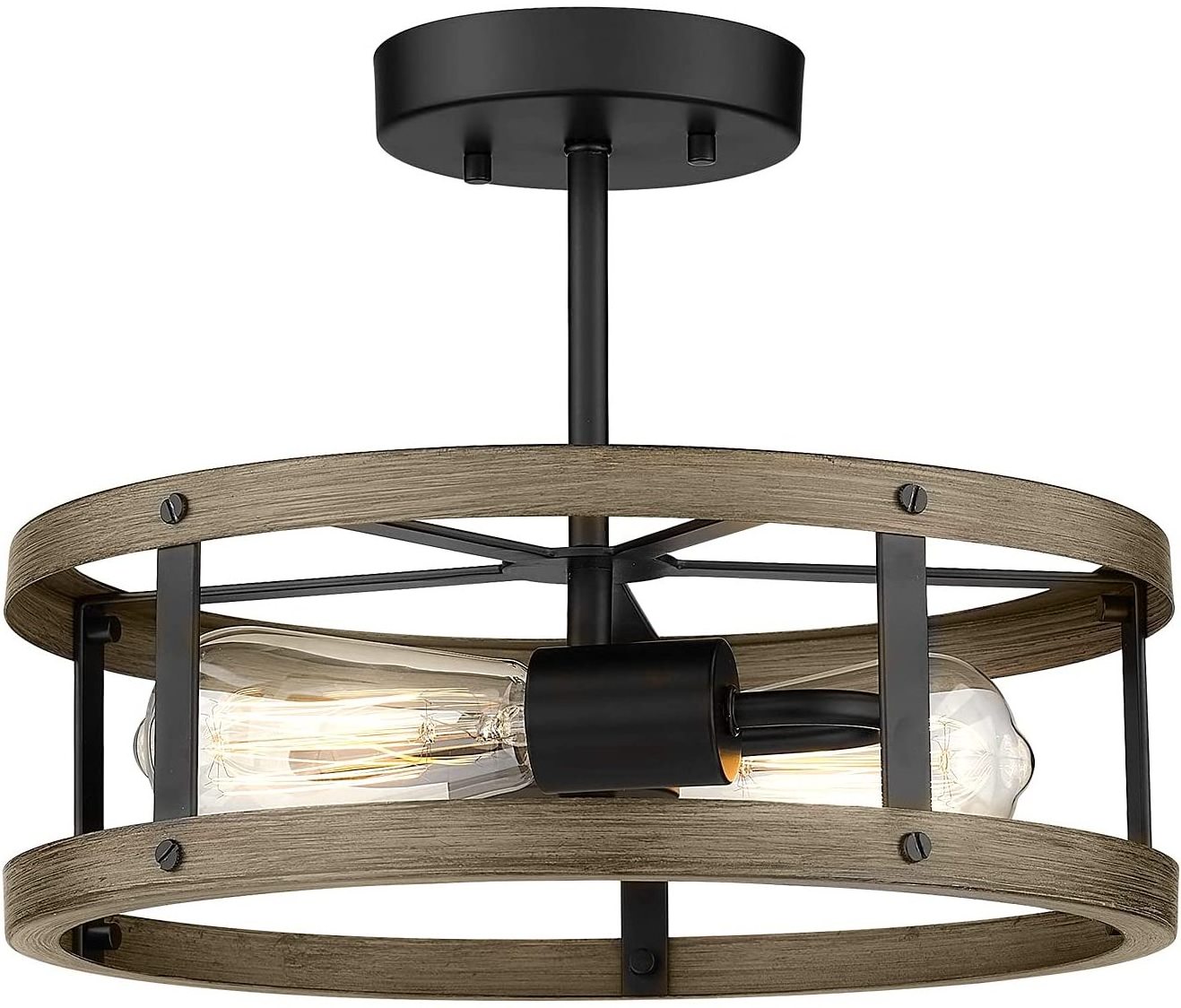 Farmhouse Flush Mount Ceiling Lighting Metal Cage Ceiling Light Close to Ceiling Lighting Wood and Matte Black Finish