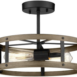 Farmhouse Flush Mount Ceiling Lighting Metal Cage Ceiling Light Close to Ceiling Lighting Wood and Matte Black Finish