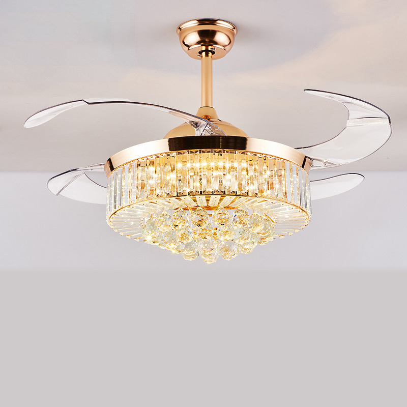 Modern New Dimmable 42inch Crystal Ceiling Fan with Lights Remote Invisible Retractable Chandelier Fan Light