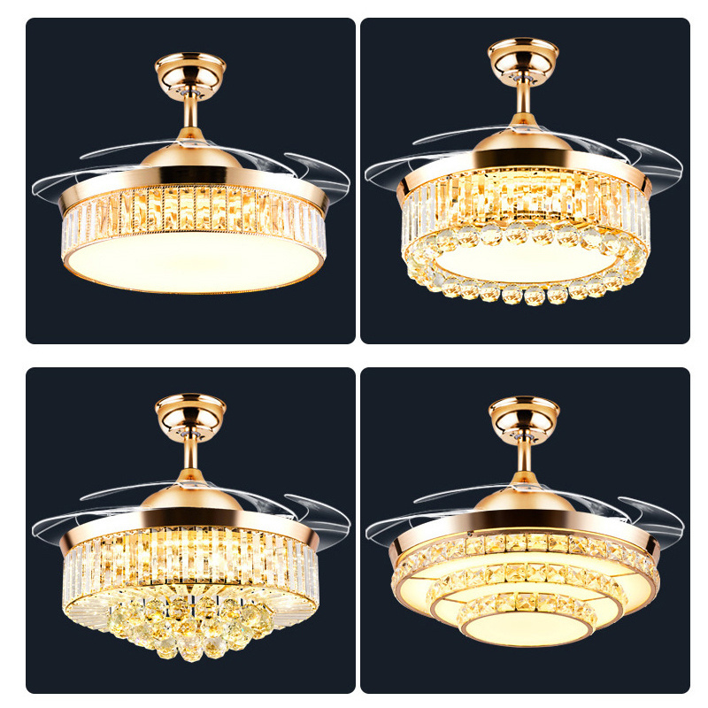 Modern New Dimmable 42inch Crystal Ceiling Fan with Lights Remote Invisible Retractable Chandelier Fan Light