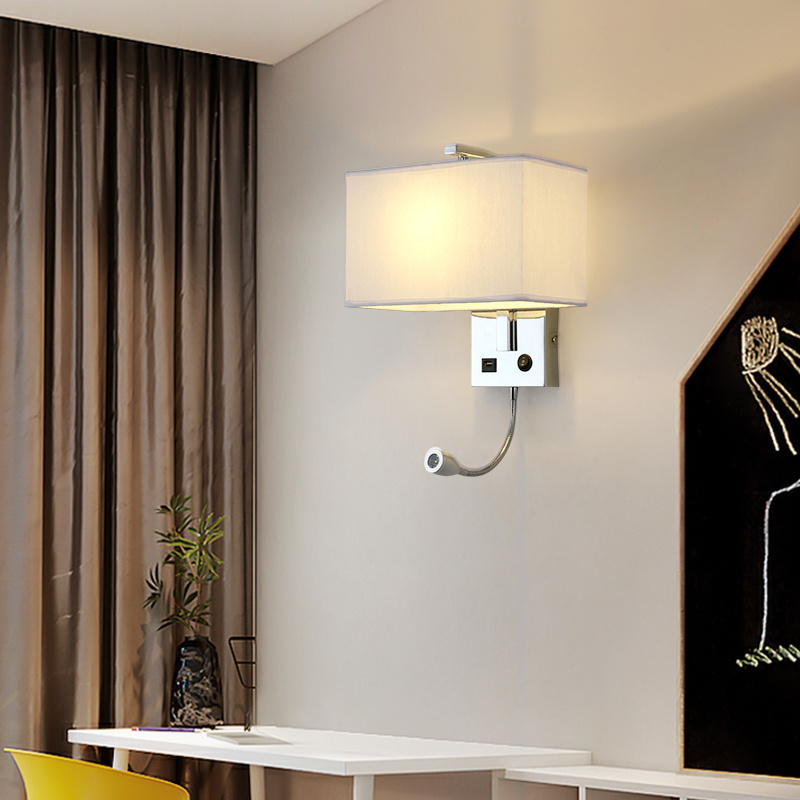 Bedside Wall Mount Light with USB LED Reading Swing Arm Fabric Shade Wall Sconce Hardwired Wall Lamp for Bedroom Hotel