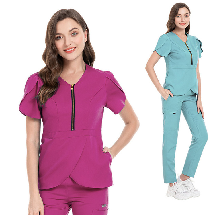 Female nurse hospital uniform sets with pockets medical nurse scrubs uniforms navy blue nursing uniform