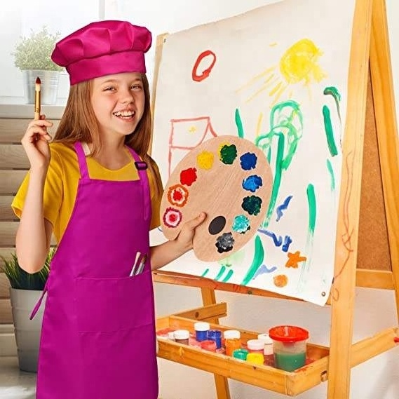 Custom Cotton Children Kitchen Cooking Baking Painting Art Keep Clean Pocket Bib Adjustable Kids Apron And Chef Hat Set