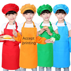 Custom Cotton Children Kitchen Cooking Baking Painting Art Keep Clean Pocket Bib Adjustable Kids Apron And Chef Hat Set