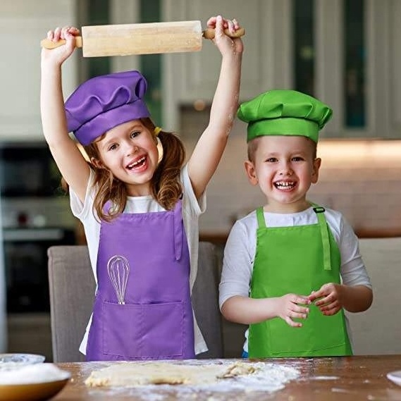 Custom Cotton Children Kitchen Cooking Baking Painting Art Keep Clean Pocket Bib Adjustable Kids Apron And Chef Hat Set