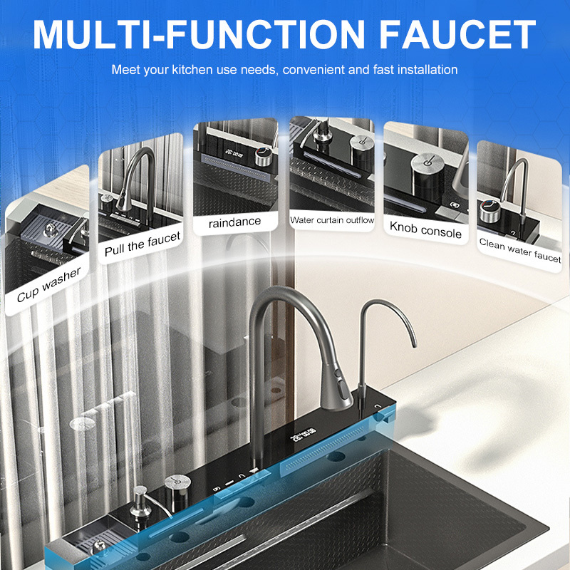 Waterfall Kitchen Sink 304 Stainless Steel Sink Digital Display Large Single Slot Sink With Waterfall Faucet