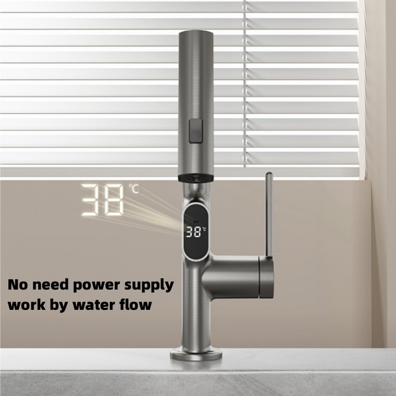 Pull Out Temperature Digital Display Basin Faucet Lift Up Down Waterfall Sprayer Hot Cold Water Sink Mixer Wash Tap For Bathroom