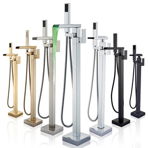 Bathtub Faucet LED Light Chrome Floor Stand Faucets Waterfall Spout Cold Hot Bathtub Mixer Tap Faucet With Hand Shower