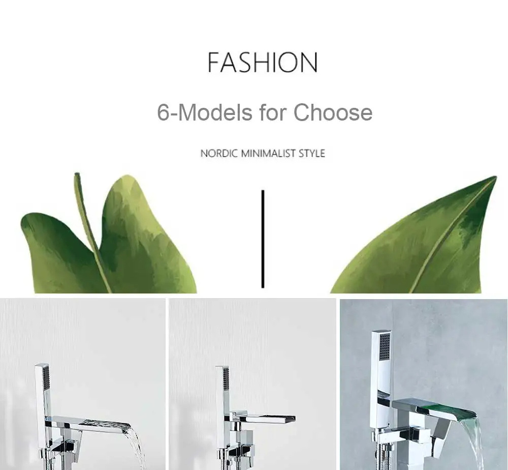 Bathtub Faucet LED Light Chrome Floor Stand Faucets Waterfall Spout Cold Hot Bathtub Mixer Tap Faucet With Hand Shower