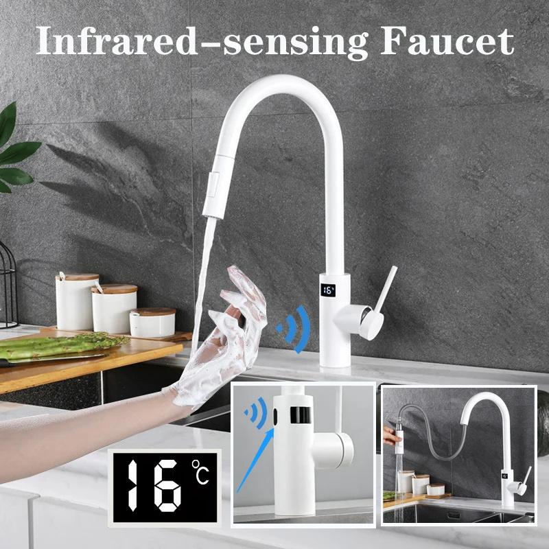 Kitchen Infrared Intelligent Faucet Stainless Steel Touchless Faucet Frap Kitchen Faucet Extendable Temperature Smart Water Tap