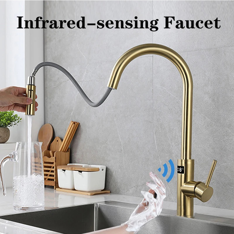 Kitchen Infrared Intelligent Faucet Stainless Steel Touchless Faucet Frap Kitchen Faucet Extendable Temperature Smart Water Tap