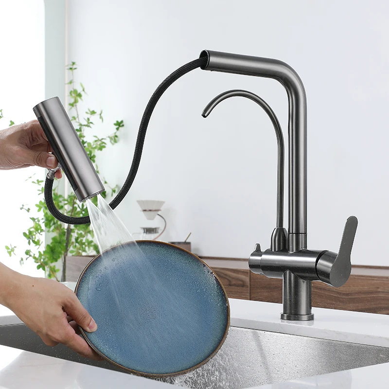 Three Ways Kitchen Sink Faucet Sus304 Double Handle Sink Faucet Mixers 3 Ways Basin Kitchen Taps With Water Purifier Faucet