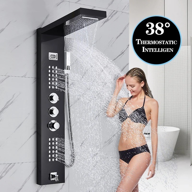 Luxury Black Led Shower Panel Spa Massage Jet Shower Faucet Bathroom Waterfall Rain Shower Column System Faucet