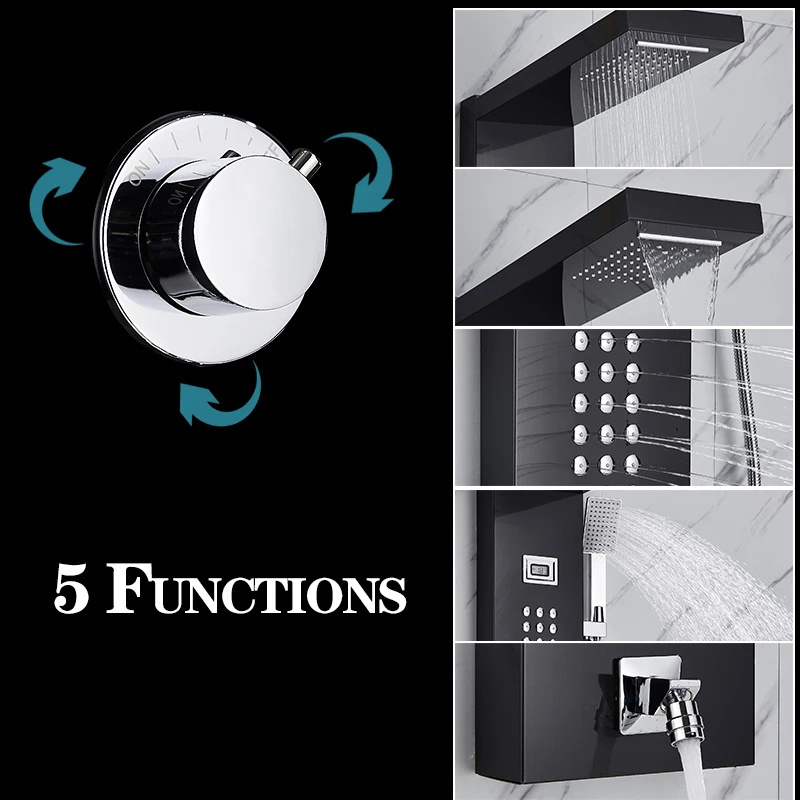 Luxury Black Led Shower Panel Spa Massage Jet Shower Faucet Bathroom Waterfall Rain Shower Column System Faucet