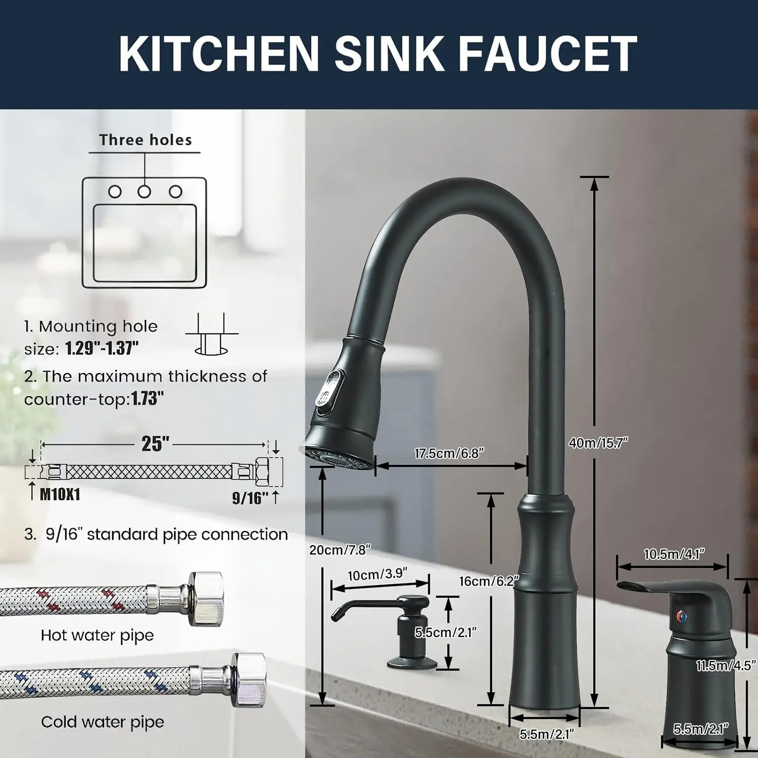 Kitchen Sink Faucet,3 Hole Kitchen Faucets with Pull Down Sprayer,Kitchen Faucets with Soap Dispenser Oulantron 2 Hole High Arc