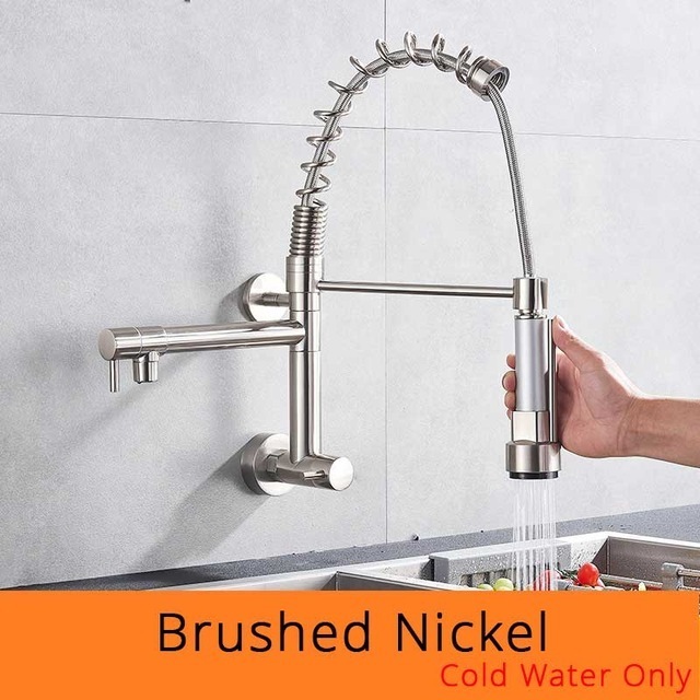 Brushed Spring Pull Down Kitchen Faucet Cold Water Dual Spouts Handheld Shower Kitchen Taps Wall Mounted Kitchen Washing Crane