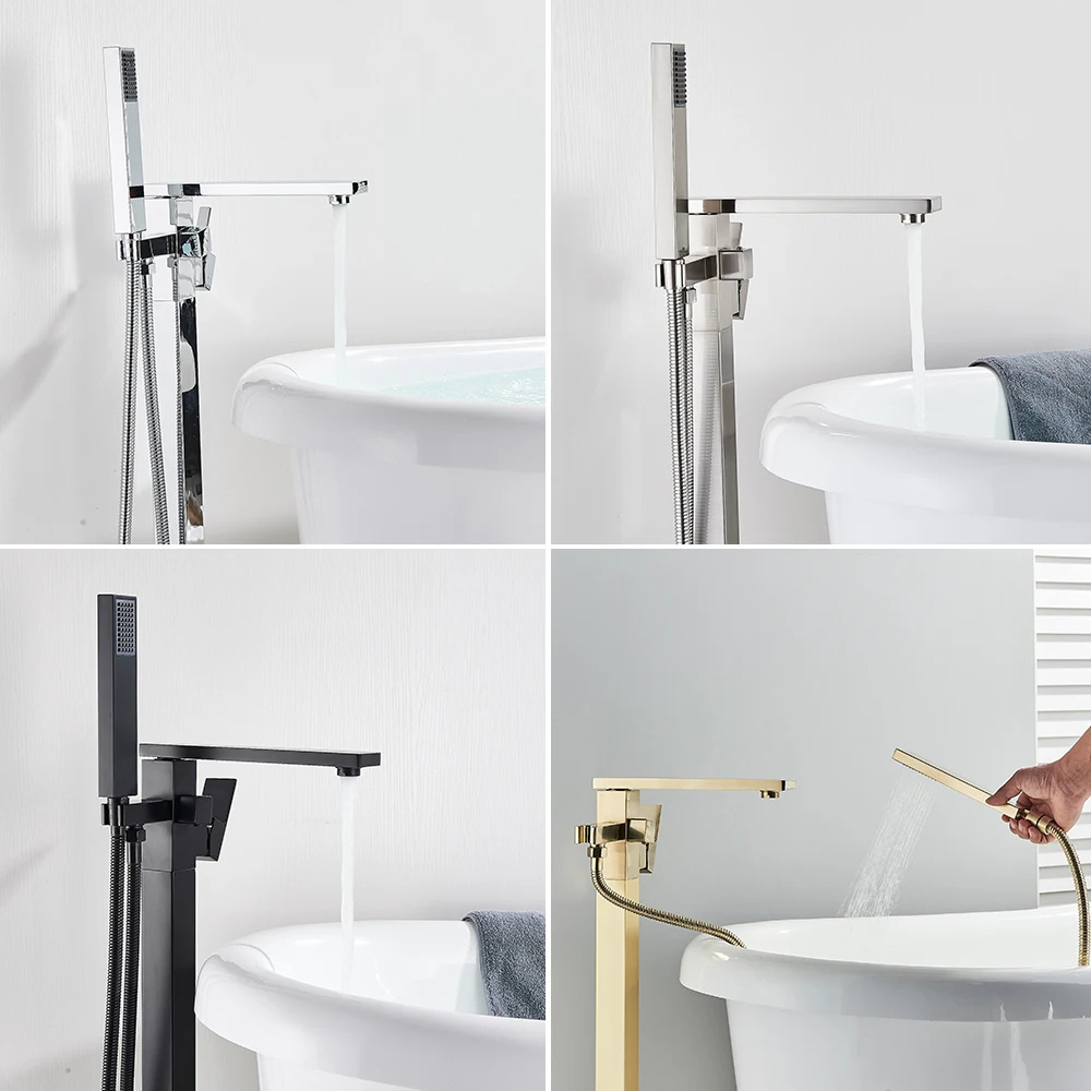 Brushed Nickel Bathtub Faucet Mixer Floor Stand Mixer Tap Brass Long Spout Clawfoot Free Standing Bath Mixer Shower Tap