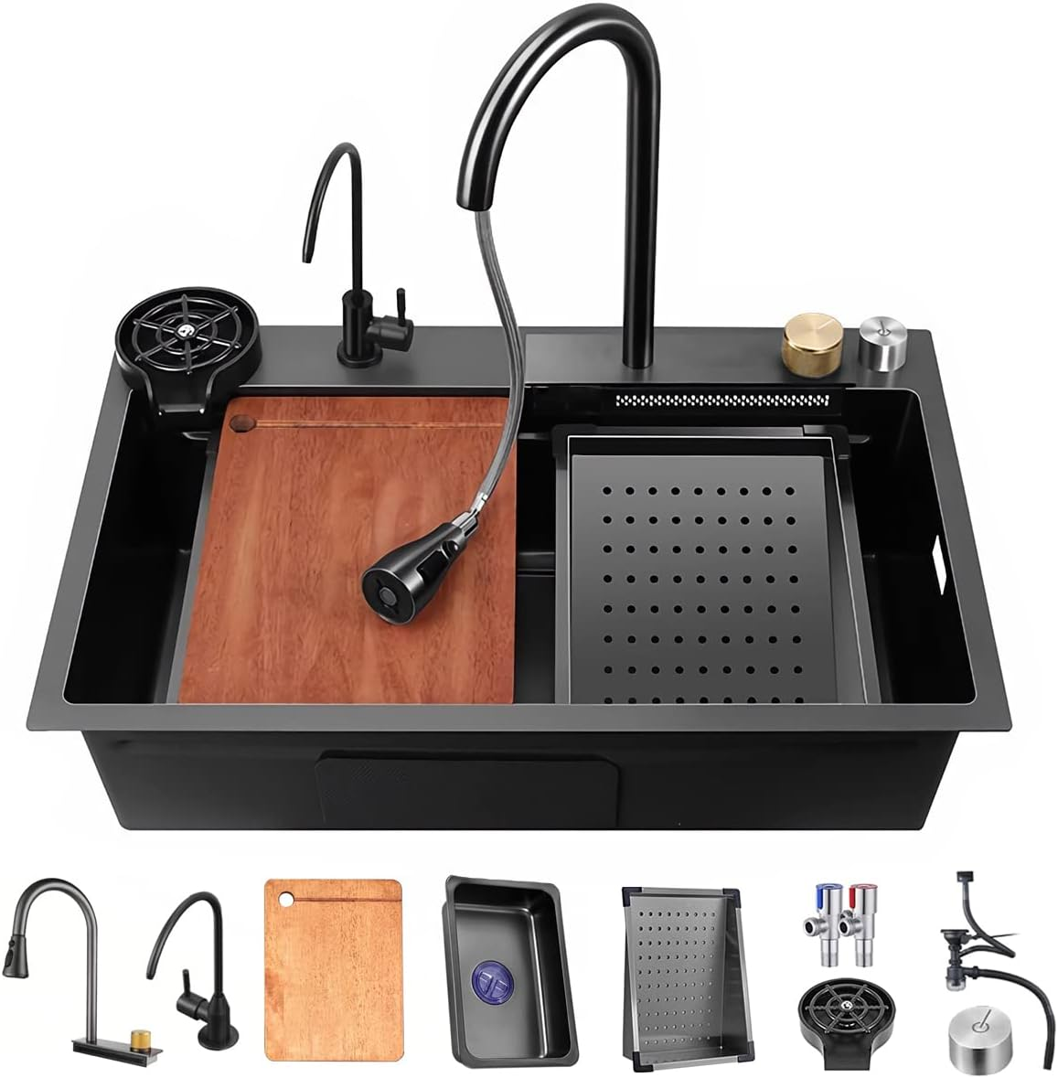 TOP1 Multifunction Black Undermount Modern Waterfall Smart Kitchen Sinks Stainless Steel Modern Pull Out Kitchen Sinks