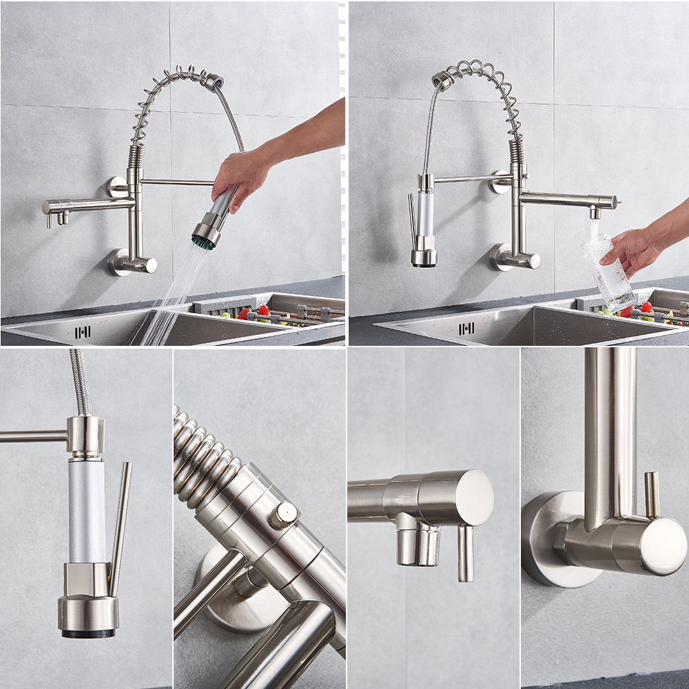 Brushed Spring Pull Down Kitchen Faucet Cold Water Dual Spouts Handheld Shower Kitchen Taps Wall Mounted Kitchen Washing Crane