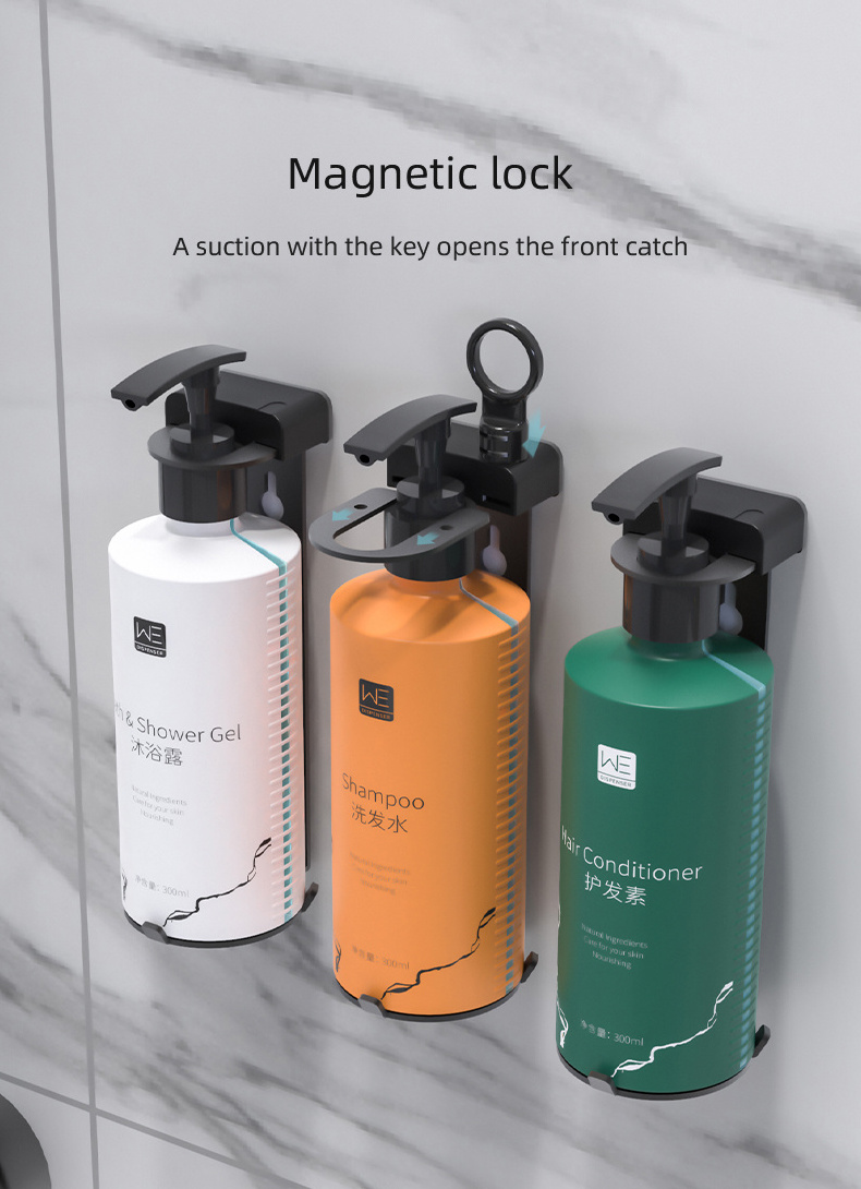 Hotel shampoo and soap dispensers stainless steel bracket with magnetic key lock customizable upon bottles