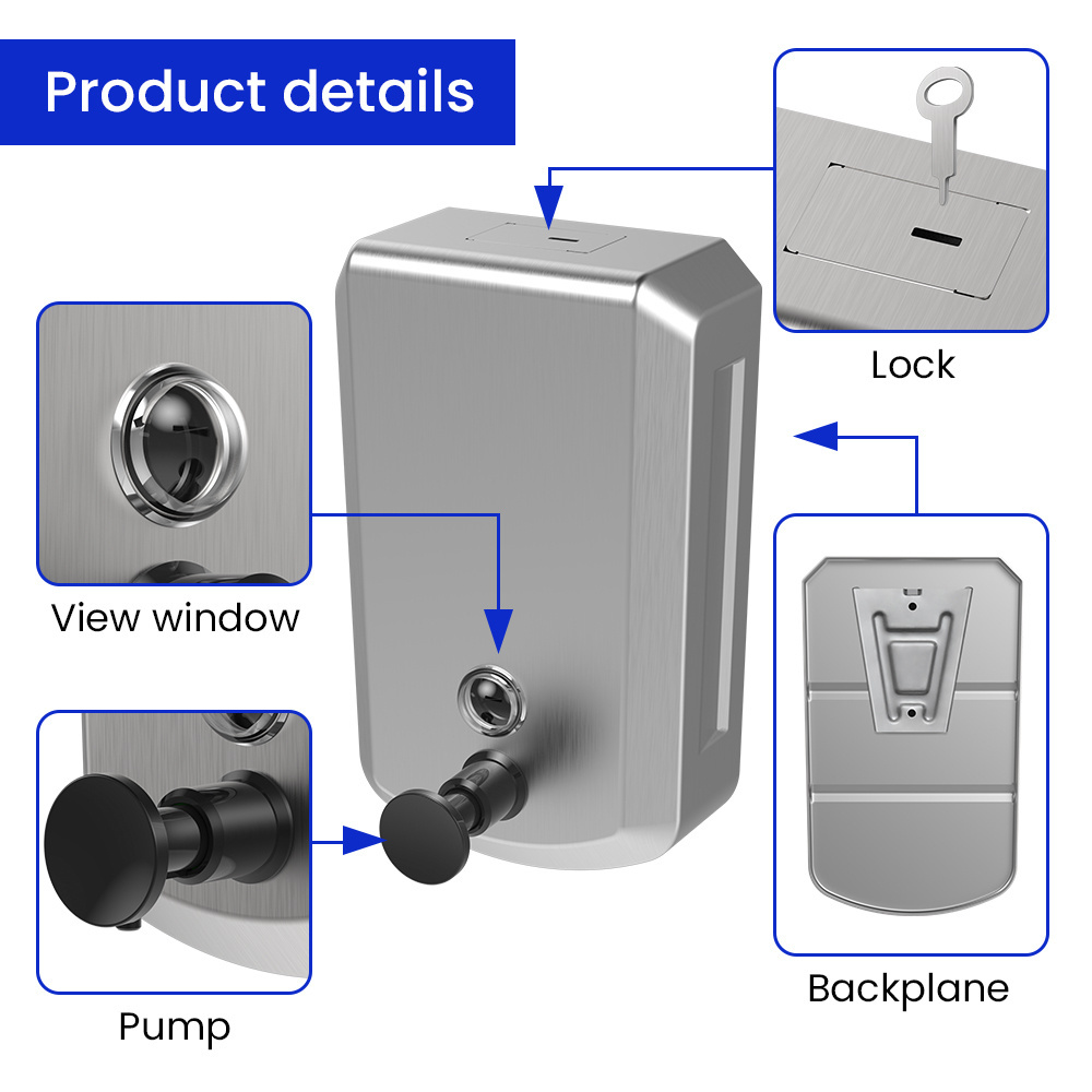 Commercial Hand Soap Dispenser 500ML/800ML/1000ML Volume Wall Mount Stainless Steel Bathroom