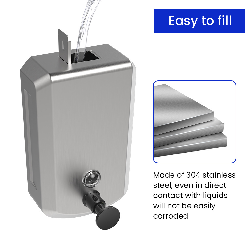 Commercial Hand Soap Dispenser 500ML/800ML/1000ML Volume Wall Mount Stainless Steel Bathroom