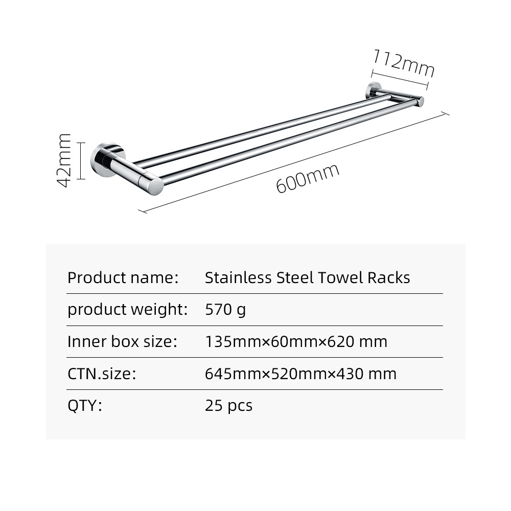 Wholesale Stainless Steel Wall Mounted Towel Rack Hangable Bathroom Double Rod Towel Rack