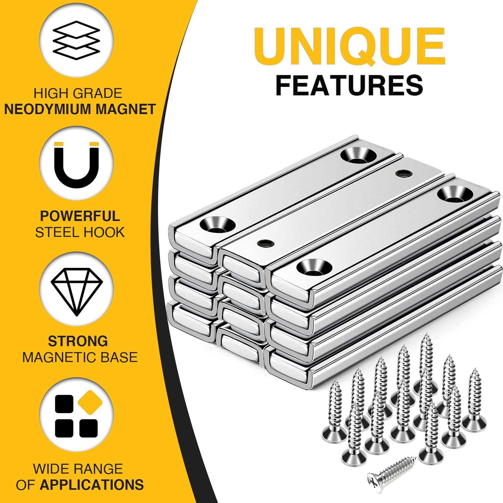 Strong Neodymium Rectangular Pot Magnets with Counter Bore, 70LBS Pulling Force Countersunk Hole Magnets with Mounting Screws