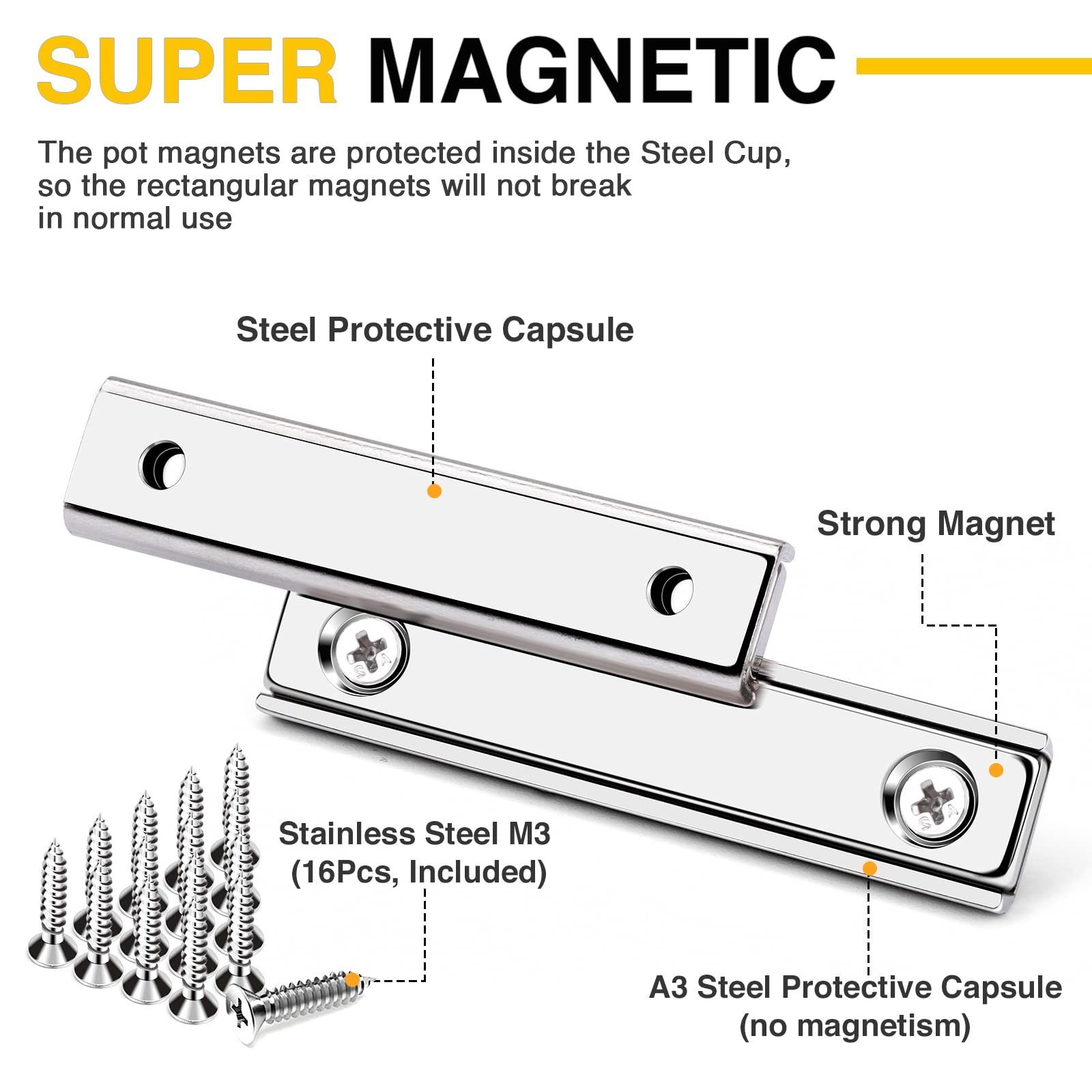 Strong Neodymium Rectangular Pot Magnets with Counter Bore, 70LBS Pulling Force Countersunk Hole Magnets with Mounting Screws