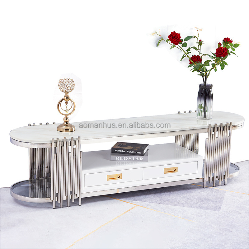 High Quality Supplier Durable TV Stand for Home Art Design Fashion TV Benches Stainless Steel Base TV Table with Two Shelves