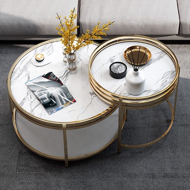 Ethiopian Inlay Round Rock Furniture White Black Marble Top Coffee Table Low Price High Quality 2 Tier Indoor End Table