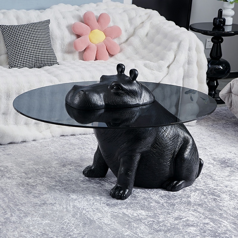 Factory Price Latest Center Table Hippo Black Tempered Glass Coffee Table River House Round Shape Tea Table