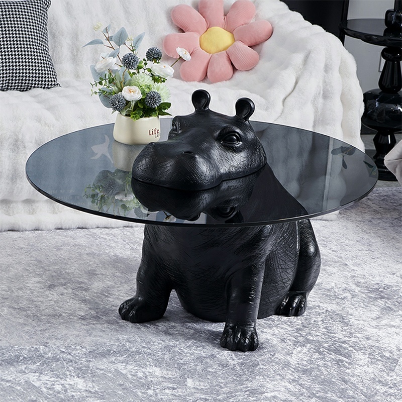 Factory Price Latest Center Table Hippo Black Tempered Glass Coffee Table River House Round Shape Tea Table