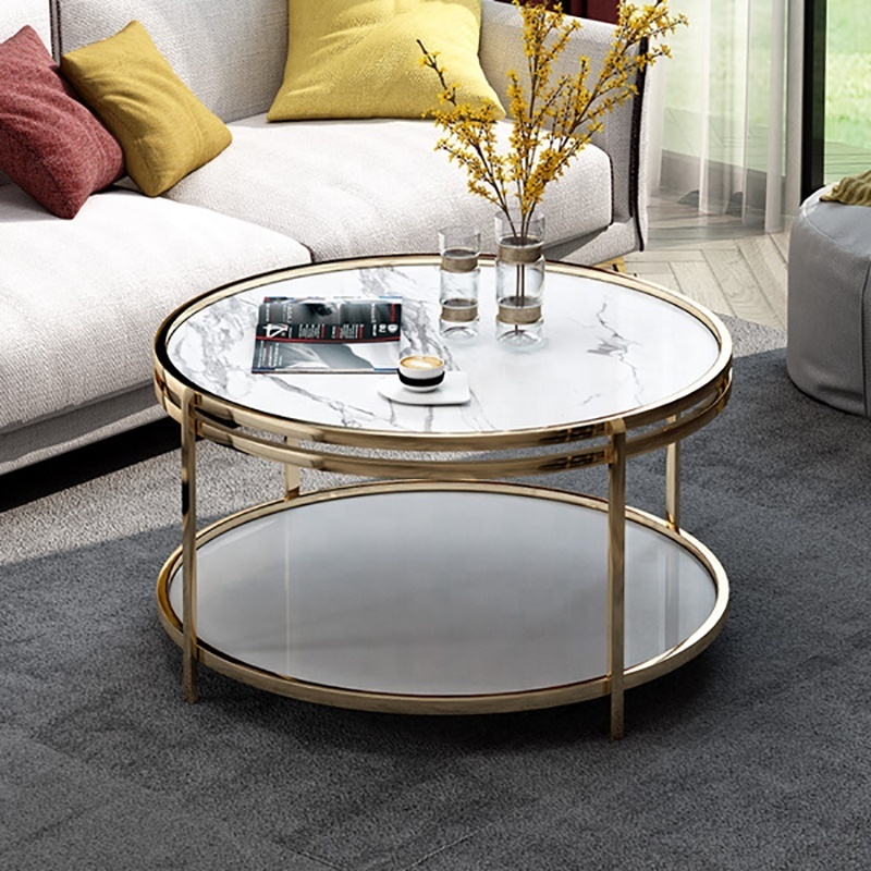 Ethiopian Inlay Round Rock Furniture White Black Marble Top Coffee Table Low Price High Quality 2 Tier Indoor End Table