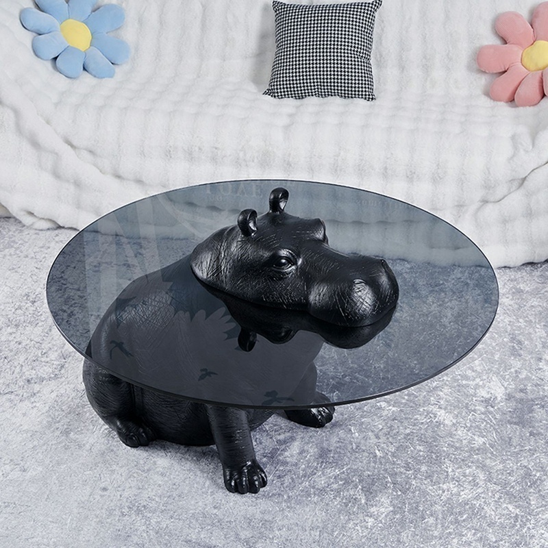 Factory Price Latest Center Table Hippo Black Tempered Glass Coffee Table River House Round Shape Tea Table