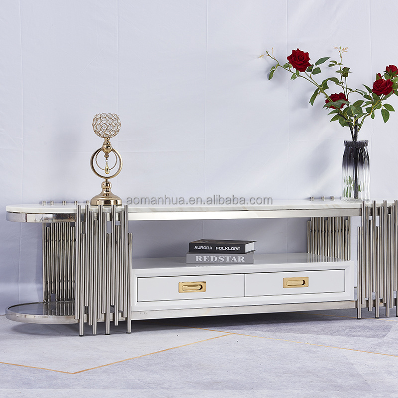 High Quality Supplier Durable TV Stand for Home Art Design Fashion TV Benches Stainless Steel Base TV Table with Two Shelves