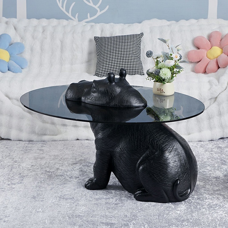 Factory Price Latest Center Table Hippo Black Tempered Glass Coffee Table River House Round Shape Tea Table