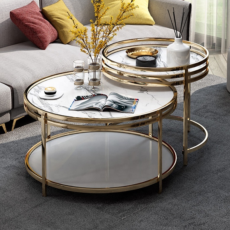 Ethiopian Inlay Round Rock Furniture White Black Marble Top Coffee Table Low Price High Quality 2 Tier Indoor End Table