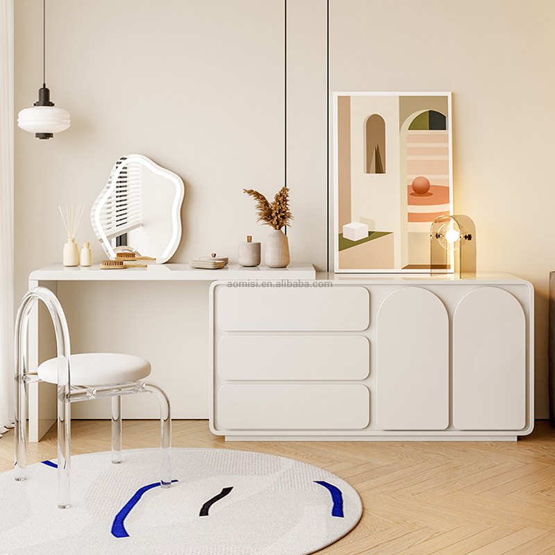 AOMISI CASA Modern solid wood Storage Vanity Dressing Table Makeup Dressers  Mirror with Lights Tocador Bedroom Furniture White