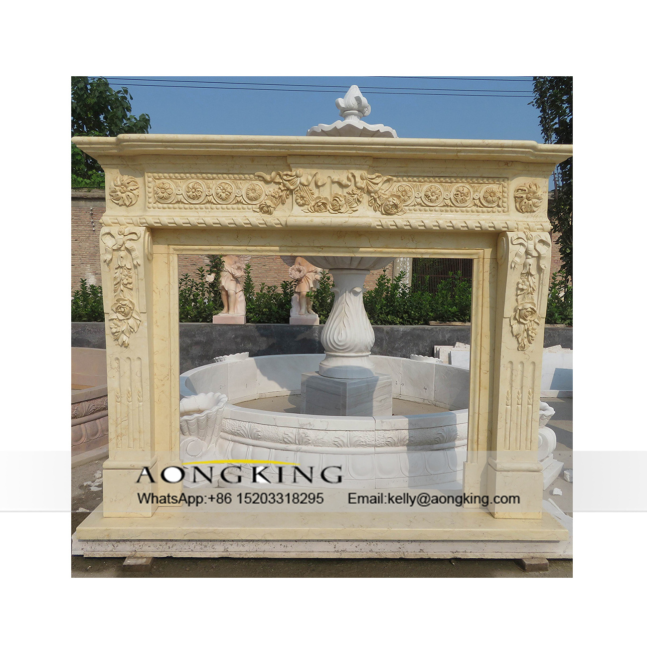 Natural white marble fireplace mantel with columns and women statues