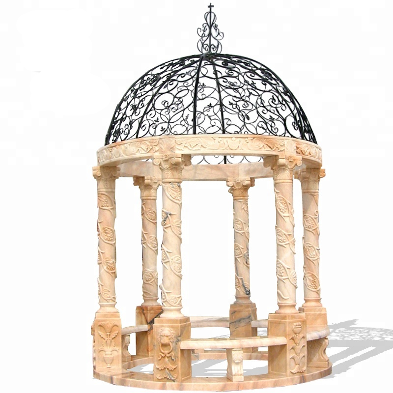 Simple round pavilion natural stone gazebo with metal iron dome