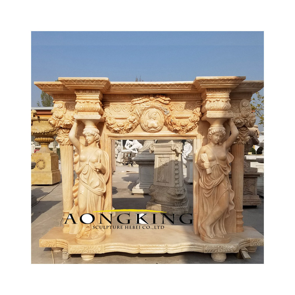 Natural white marble fireplace mantel with columns and women statues