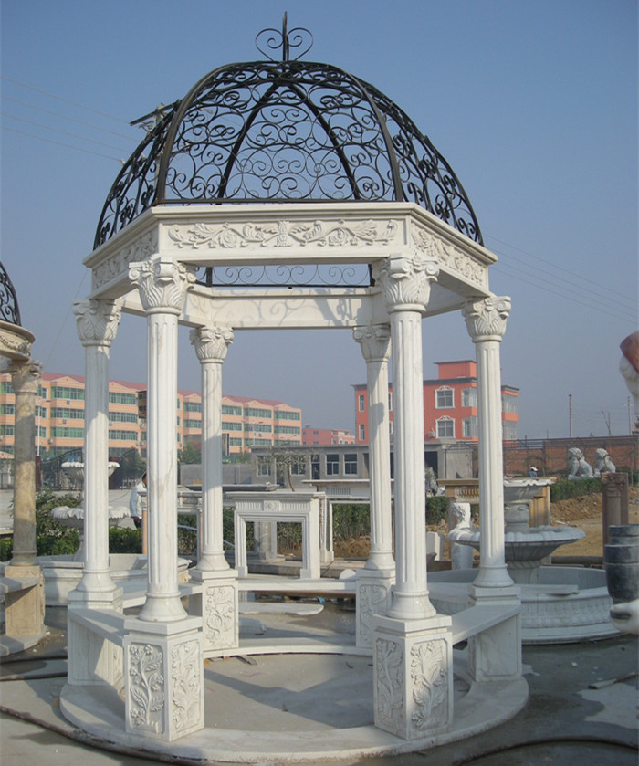 Simple round pavilion natural stone gazebo with metal iron dome