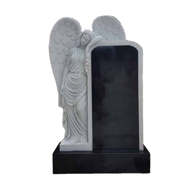 Rectangular black marble tombstone with granite standning angel statue